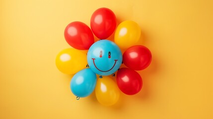 Colorful balloons in the shape of a flower on a yellow background. The blue balloon in the center has a smiley face on it.