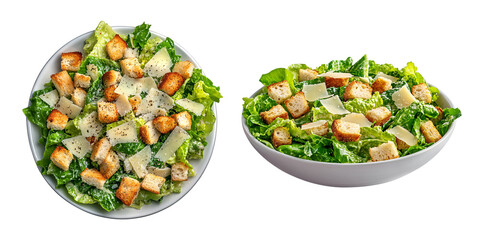 Caesar salad with romaine, croutons and parmesan cheese isolated on transparent background