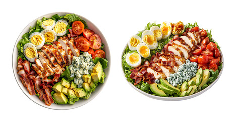 Cobb salad with grilled chicken, egg, avocado, bacon, tomato and blue cheese isolated on transparent background