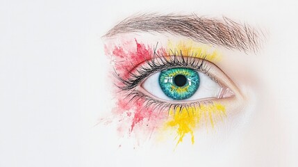 Close up of a vibrant green eye with red and yellow paint splatter makeup, on a white background. The image is artistic and eye catching.