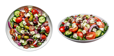 Greek Salad with a colorful mix of tomatoes, cucumbers, red onions, olives, and feta cheese isolated on transparent background