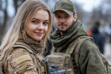 Fototapeta premium Portrait of soldiers in military gear posing outdoors during a training event in cold weather