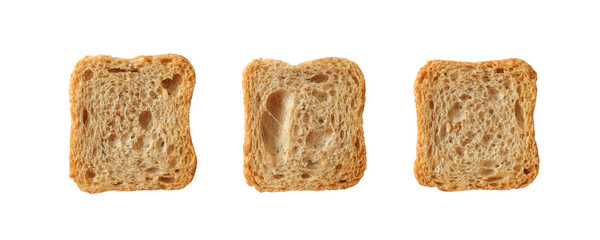 Whole wheat mini toasts, toasted slices of bread or rusks isolated on white background top view	