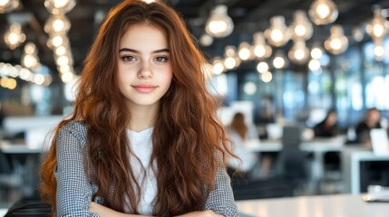 Obraz premium A young woman with long curly auburn hair sits in a modern office, arms crossed, looking directly at the camera. Warm lighting illuminates the scene.