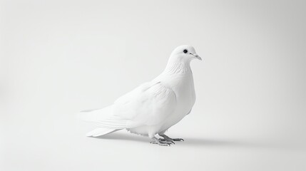 Obraz premium A beautiful white dove stands alone on a white background. The dove is a symbol of peace and hope.