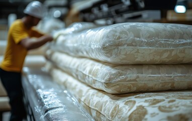 Factory Worker Packaging Elegant Cushions, Preparing Soft Goods for Shipping, Warehouse Logistics