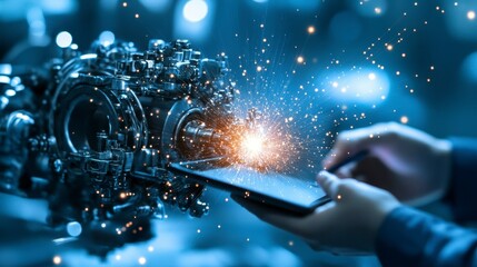Fototapeta premium Close up of hands using a tablet near a complex robotic arm with sparks, set against a dark blue background. The scene is lit with a futuristic feel.