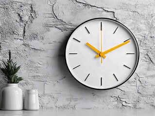 A white clock with yellow hands on a wall next to a plant