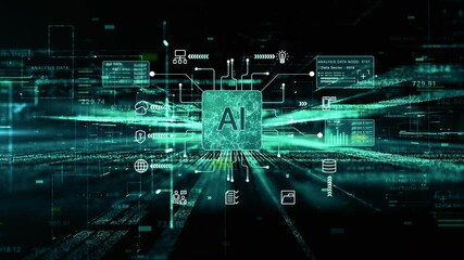 Futuristic AI interface with data analytics, Technology digital network connection, Artificial intelligence, deep learning, and big data technology. Motion abstract background 4K - Powered by Adobe