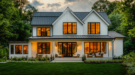 Modern farmhouse exterior design with lawn and trees during evening