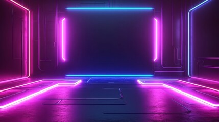 Abstract cyber tunnel interior with glowing purple and blue neon lights background.