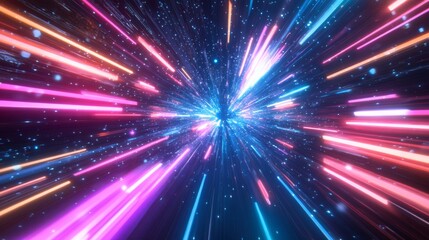 Abstract blue and pink glowing lines radiating from a central point in a dark void