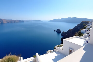 Fototapeta premium panoramic shot of the caldera in Santorini with deep blue waters and traditional Greek architecture