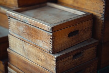 A detailed view of several wooden boxes neatly stacked on top of each other.