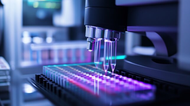 A next gen AI powered genetic sequencing machine, analyzing DNA samples in a high-tech laboratory, advanced scientific environment