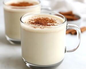 Two glasses of creamy drink topped with a spice dusting