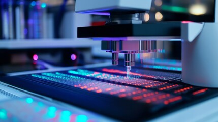 A next gen AI powered genetic sequencing machine, analyzing DNA samples in a high-tech laboratory, advanced scientific environment