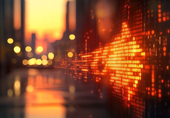 A wall display of orange digital binary code superimposed on city lights scene