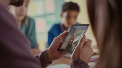 A group of diverse students engaging in online learning through a tablet, showcasing the importance of modern education and technology in the classroom setting