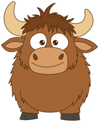 Obraz premium Cartoon Yak: A friendly, cartoon-style yak with a fluffy brown coat, big eyes, and horns, set against a plain background for simple viewing.