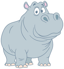 Stylized cartoon hippopotamus with a light gray skin, wide eyes, and pink inner ears, standing on a transparent background.