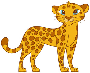 Cartoon style jaguar illustration. Feline with brown spots on yellow fur with a white outline. Animal with blue eyes and small whiskers.
