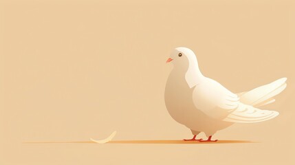 Fototapeta premium A vector illustration of a white dove with a single feather on the ground in front of it. The dove is facing to the left of the viewer.