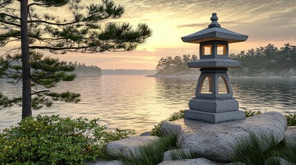 Naklejka premium Sunrise Over Calm Lake With Stone Pagoda Lantern