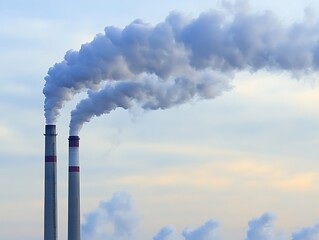 Two tall industrial chimneys releasing thick clouds into the atmosphere