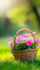 Stunning morning scene featuring a colorful flower basket on a blurred green lawn in springtime