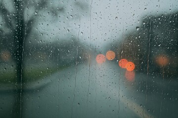 Raindrops on Window with Blurred City Lights