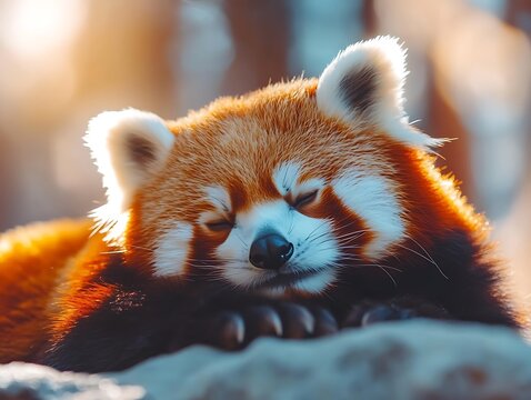A sleeping red panda basks serenely in warm ambient sunlight