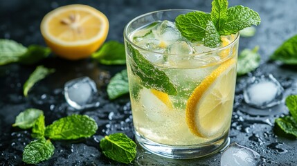 Refreshing, light-colored drink with lemon and mint