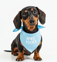 A little playful Dachshund wearing a tiny April Fools bandana isolated on white background
