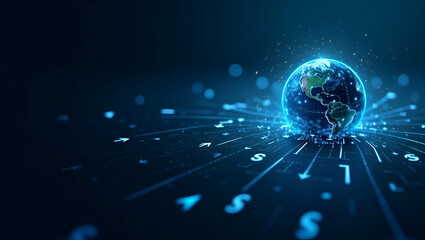 Obraz premium Minimalist Wallpaper Design: Abstract Visuals with Digital Grids & Futuristic Icons for Secure Global Currency Transfer - Ample Space for Text Overlays