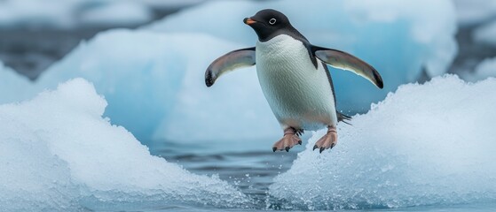 Obraz premium Penguin jumping on ice floes in a freezing environment, perfect for nature and wildlife articles.