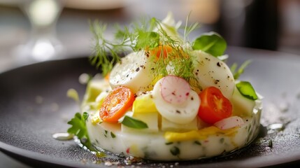 Colorful Russian Salad Display Featuring Fresh Vegetables on a Traditional Wooden Table Setting