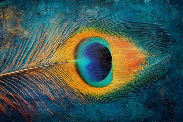 Obraz premium A Vibrant Painted Artwork Showing a Colorful Peacock Feather Close Up
