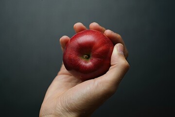 Close-up of a hand holding a fresh red apple against a dark background.