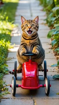 Adorable tabby cat joyfully riding a red toy car on a garden path, surrounded by greenery.