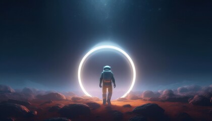 An astronaut stands before a glowing ring on a rocky alien terrain under a starry sky, suggesting interstellar travel or a mysterious portal on another planet