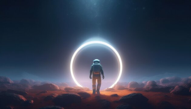 An astronaut stands before a glowing ring on a rocky alien terrain under a starry sky, suggesting interstellar travel or a mysterious portal on another planet
