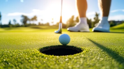 Focused golfer skillfully putting a golf ball into a green hole on a manicured course