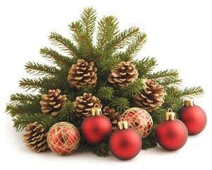 Christmas decoration featuring evergreen boughs pinecones and ornaments