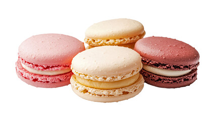 Assorted French macarons in pastel colors isolated on transparent background