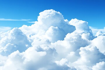 Fluffy white cumulus clouds float peacefully in a bright blue sky