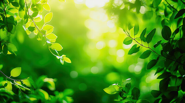 Lush green foliage with sunlight shining through the tree canopy view