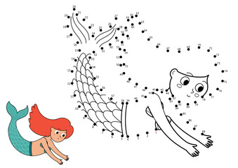 Dot to dot game for kids. Connect the dots and draw a cute mermaid. Funny puzzle activity page with underwater character. Vector illustration