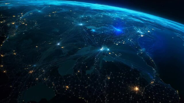 Global network connection and data connections concept. Worldwide links on planet earth at night. Earth in open space and digital web. World communication technology. Blue black background. 4k footage