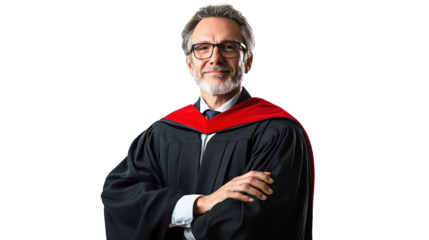 University professor in academic robes campus portrait professional setting frontal view education concept